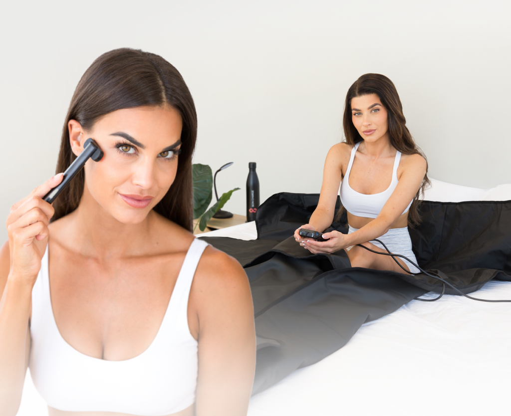 Woman Using Red Light Face Wand And Infrared Sauna Blanket