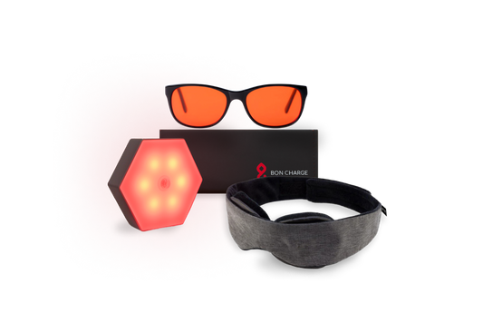 Blue Light blocking glasses on top of black case, next to a sleep mask and motion sensor night light